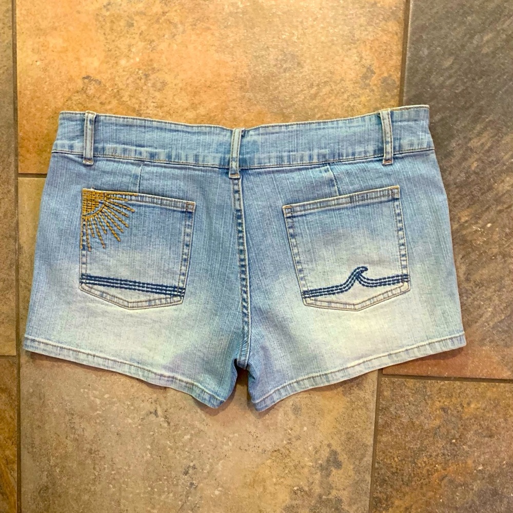 SURFER GIRL denim STRETCH Shorty Shorts 11 13 SUN BEACH WAVES Ron Jon Surf Shop